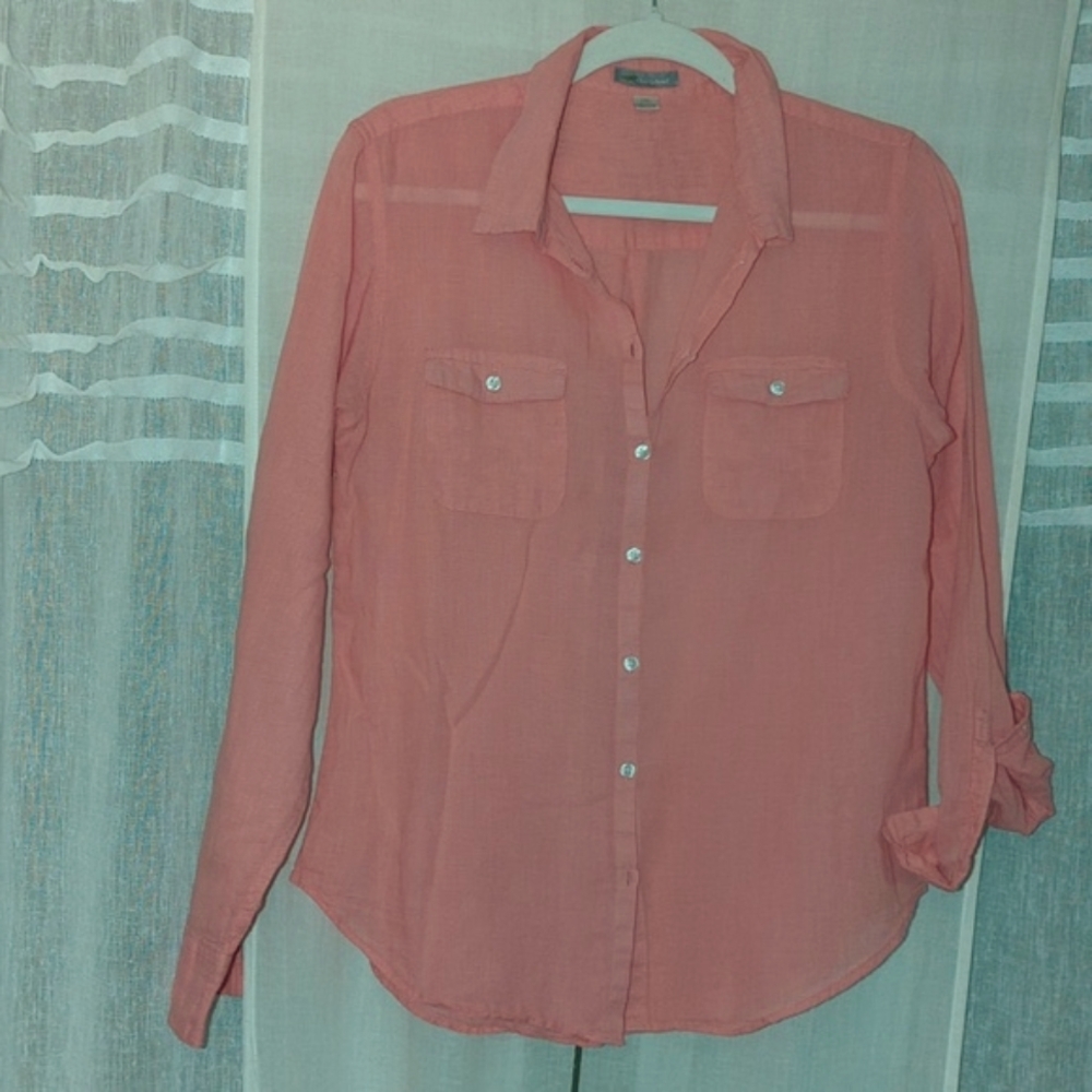🩷 Organic Cotton Pink Mini Gingham Lightweight Cool Comfy Button Down Shirt M S